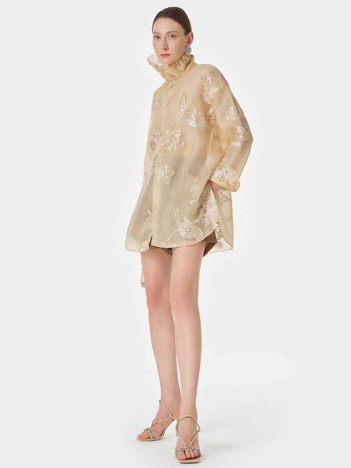 Dik Yaka Nakışlı Çiçekli Üst