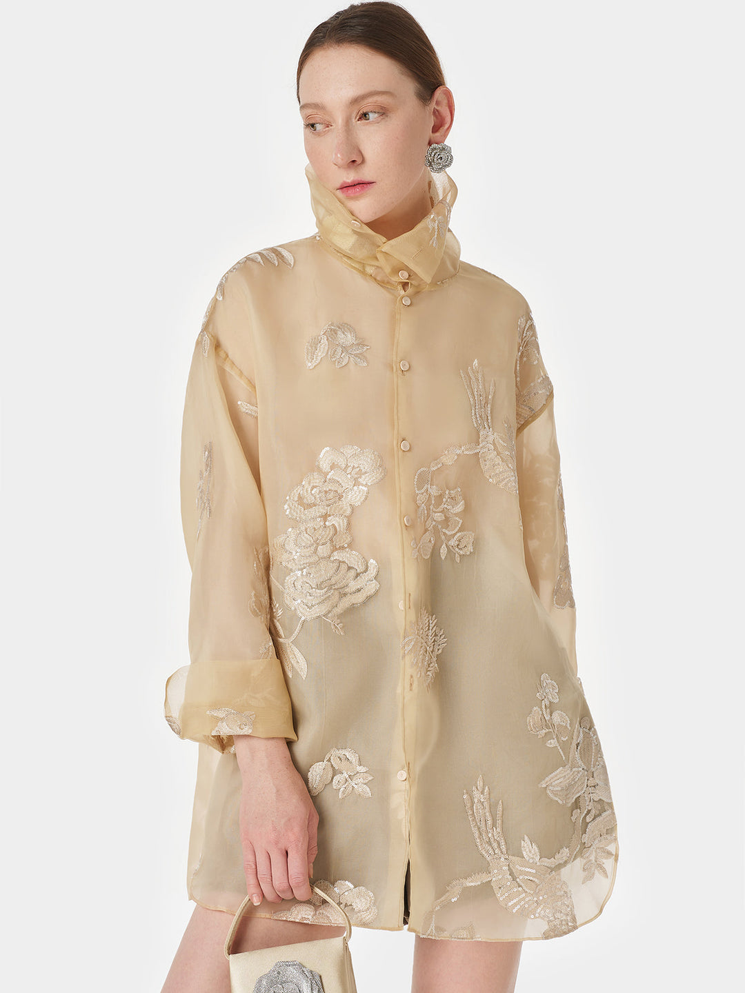 Dik Yaka Nakışlı Çiçekli Üst