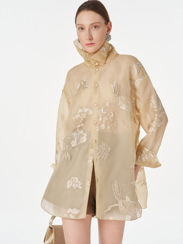 Dik Yaka Nakışlı Çiçekli Üst