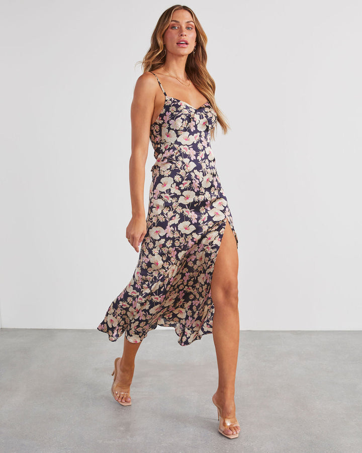 Sadece Git Onunla Saten Yırtmaçlı Midi Elbise