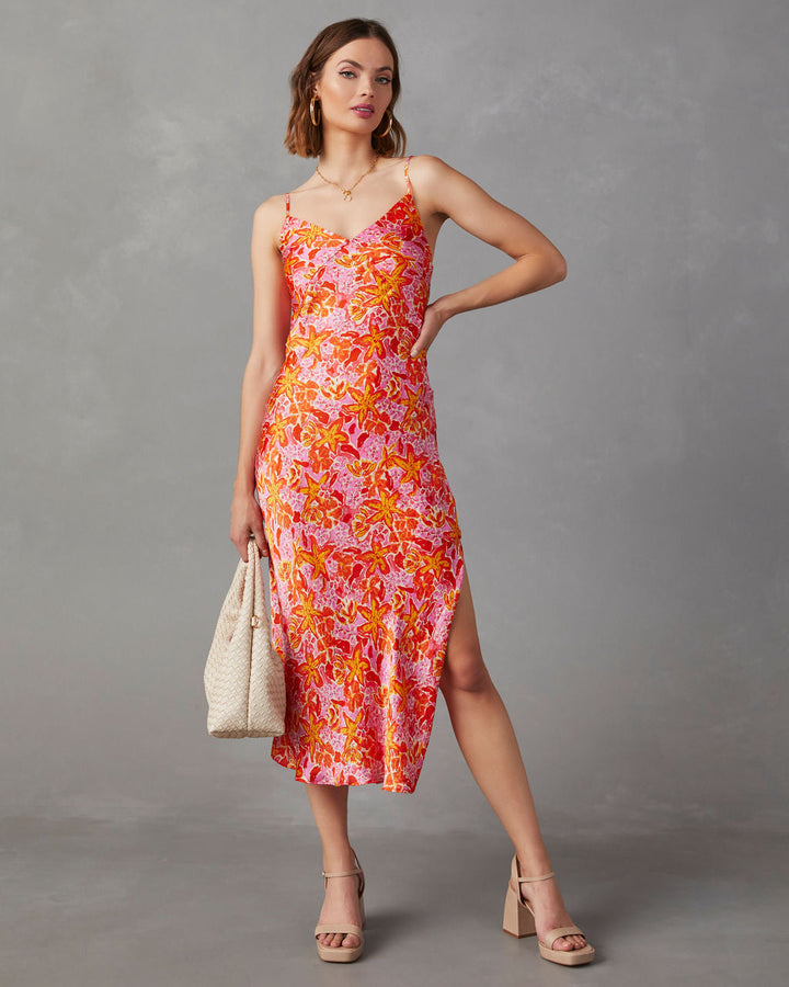 Allen Saten Çiçekli Midi Elbise