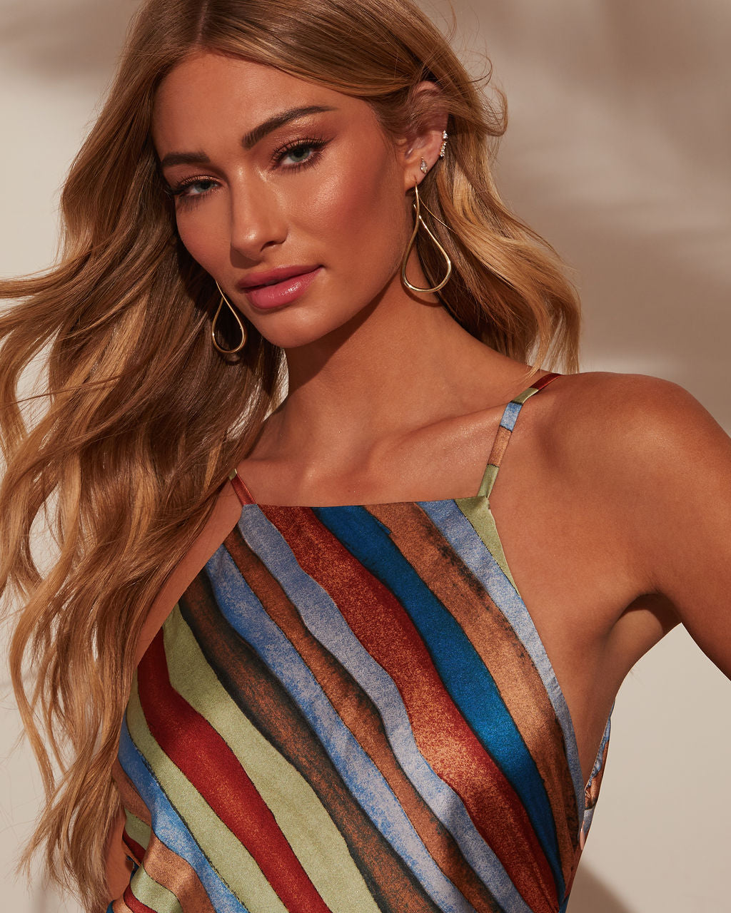 After Hours Çizgili Saten Midi Elbise