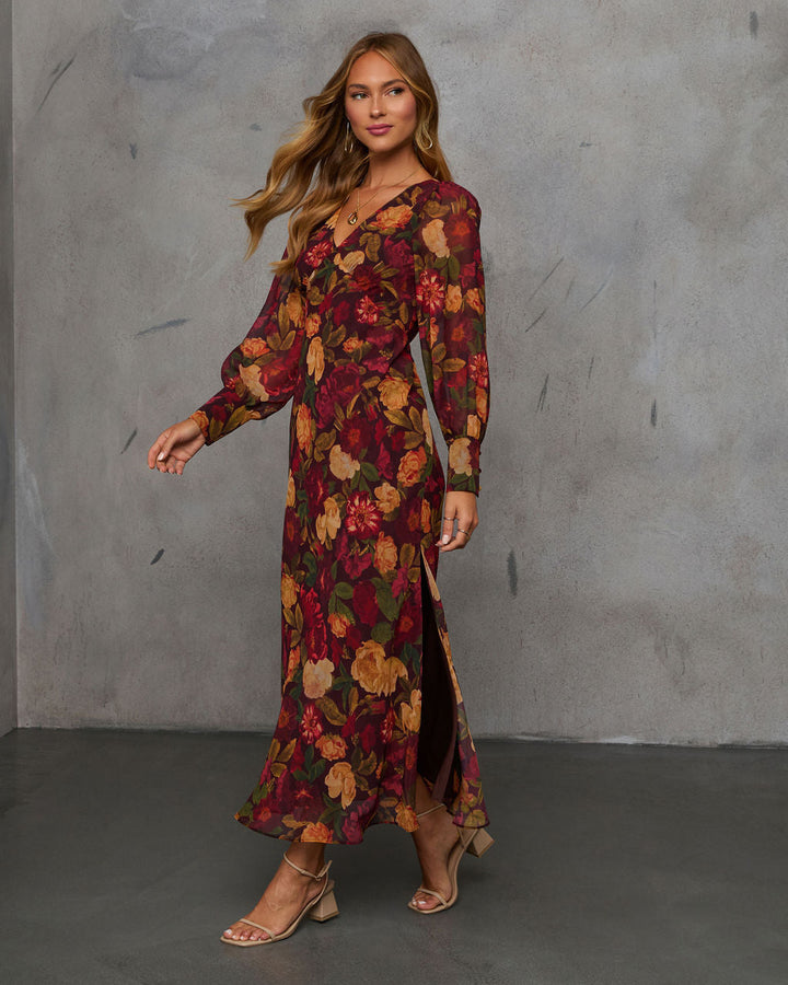 Orman Yolları Çiçek Desenli Midi Elbise