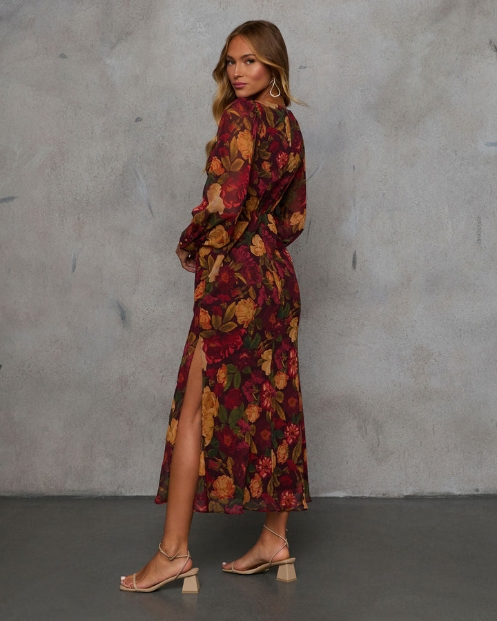 Orman Yolları Çiçek Desenli Midi Elbise