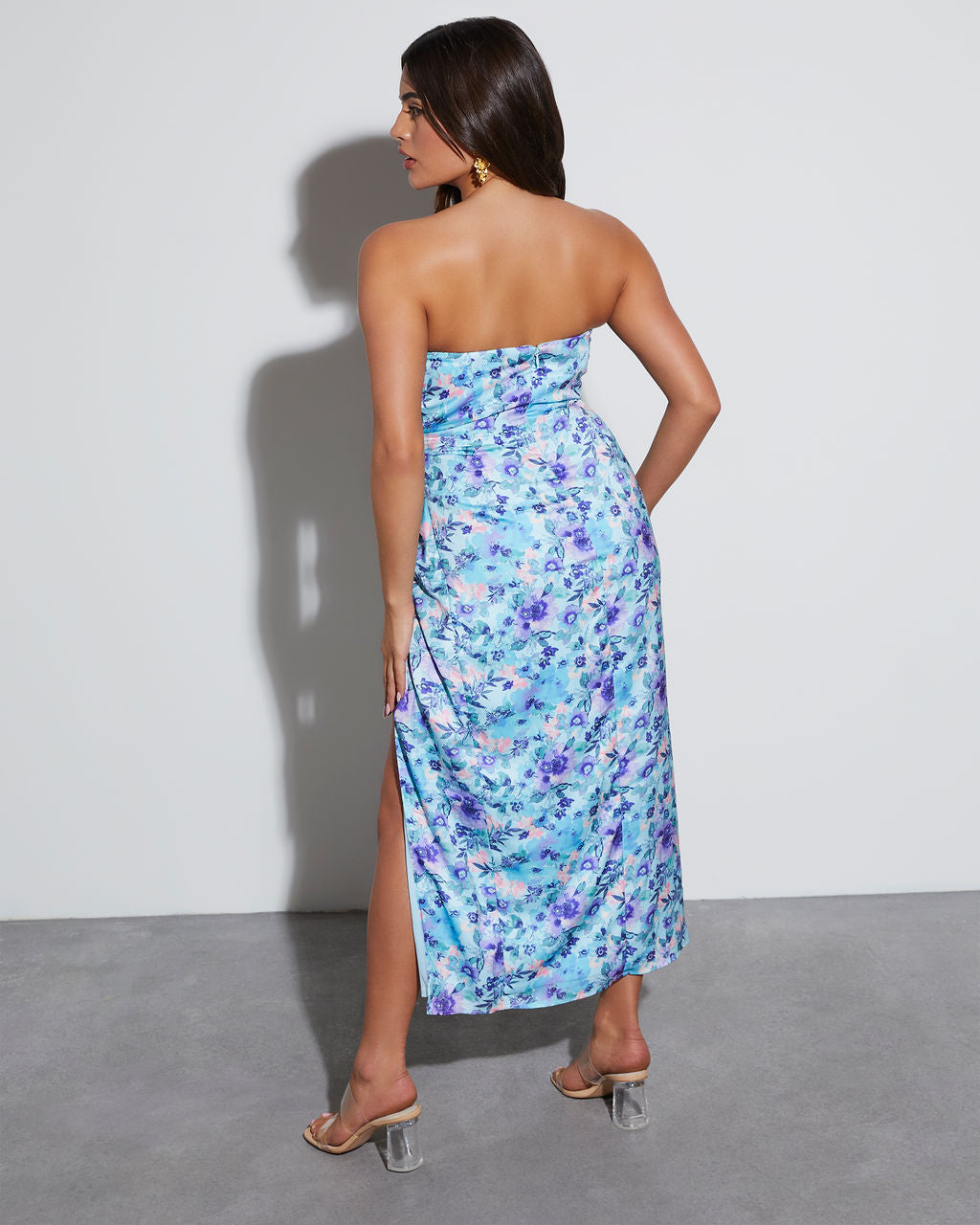 Lovestruck Saten Straplez Çiçekli Midi Elbise