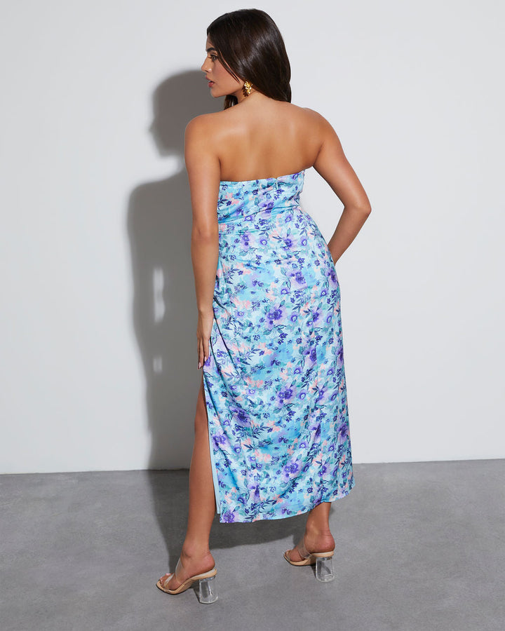 Lovestruck Saten Straplez Çiçekli Midi Elbise