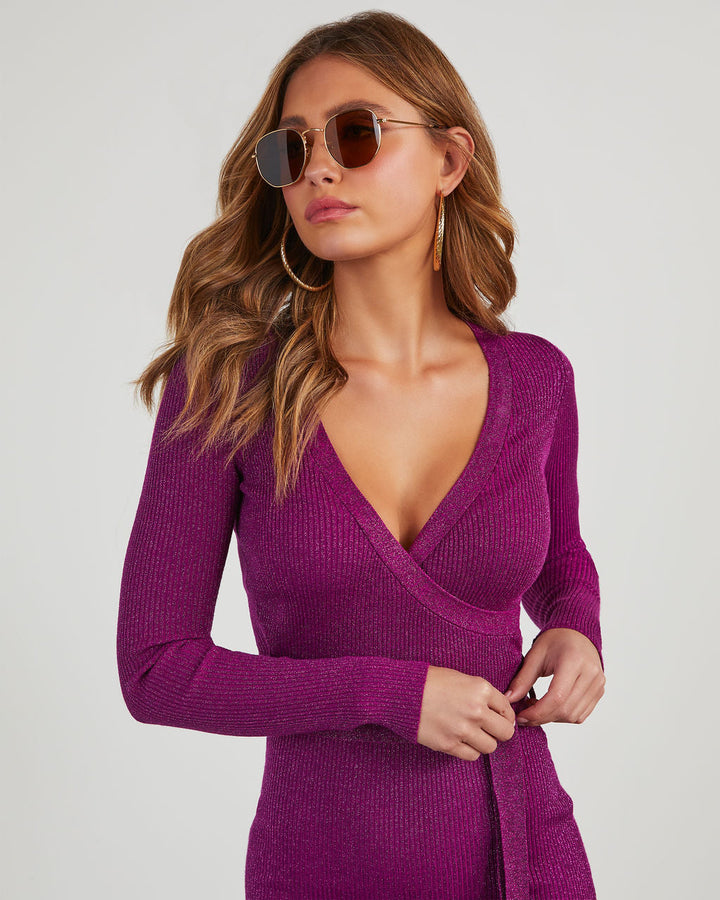 Florence Metalik Örgü Belden Bağlamalı Midi Elbise