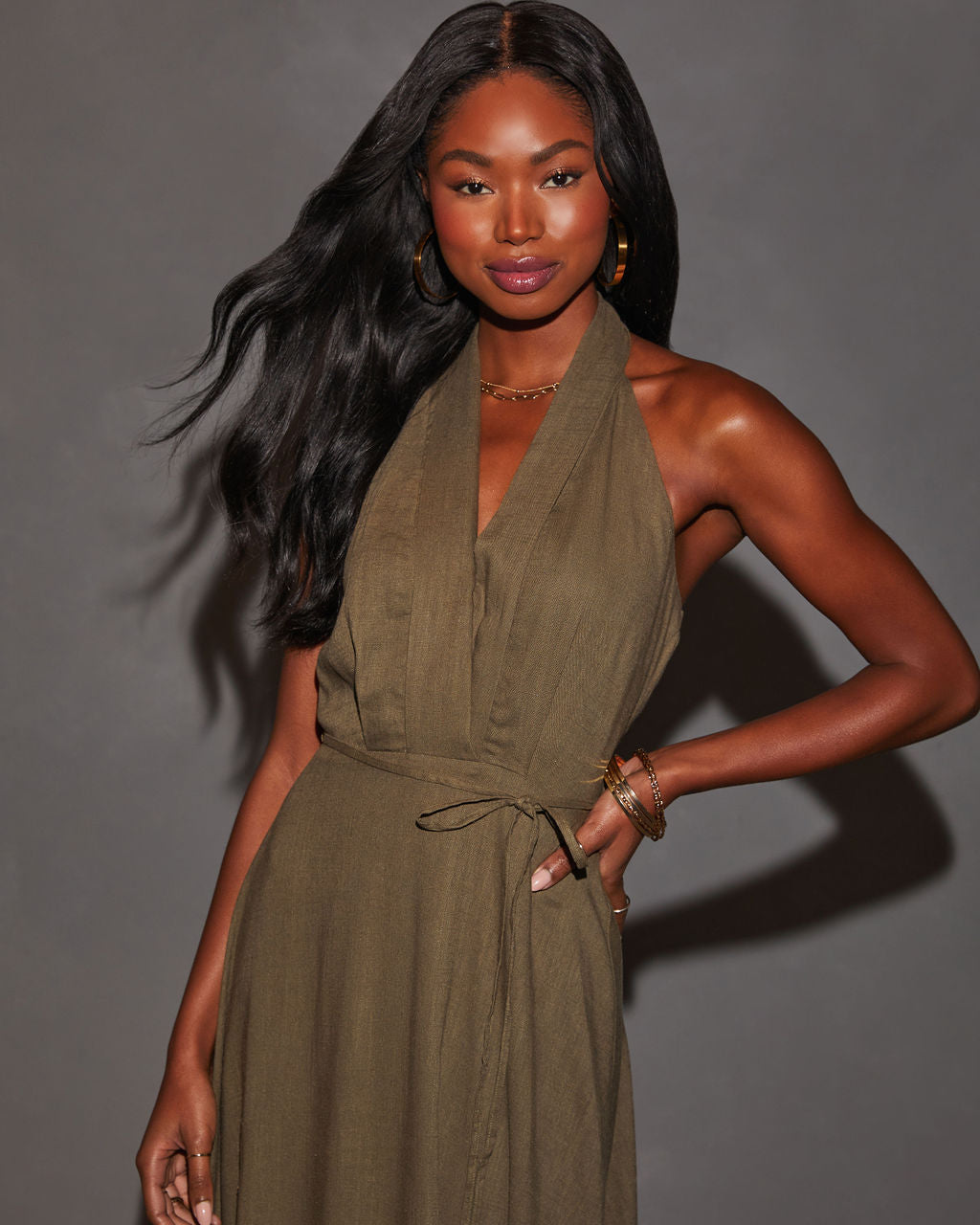 Emersyn Belden Bağlamalı Midi Elbise