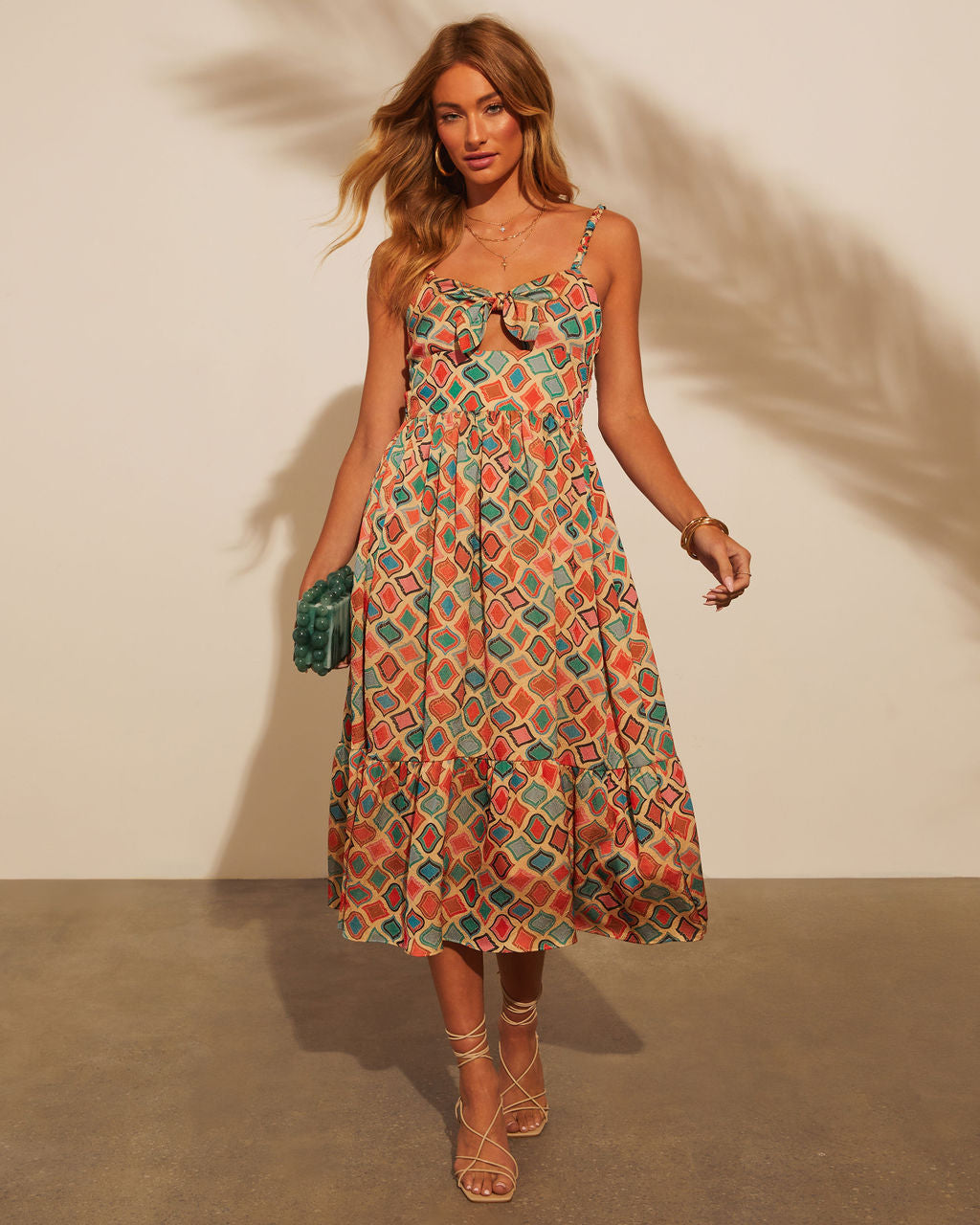 Rochelle Dekolteli Baskılı Midi Elbise