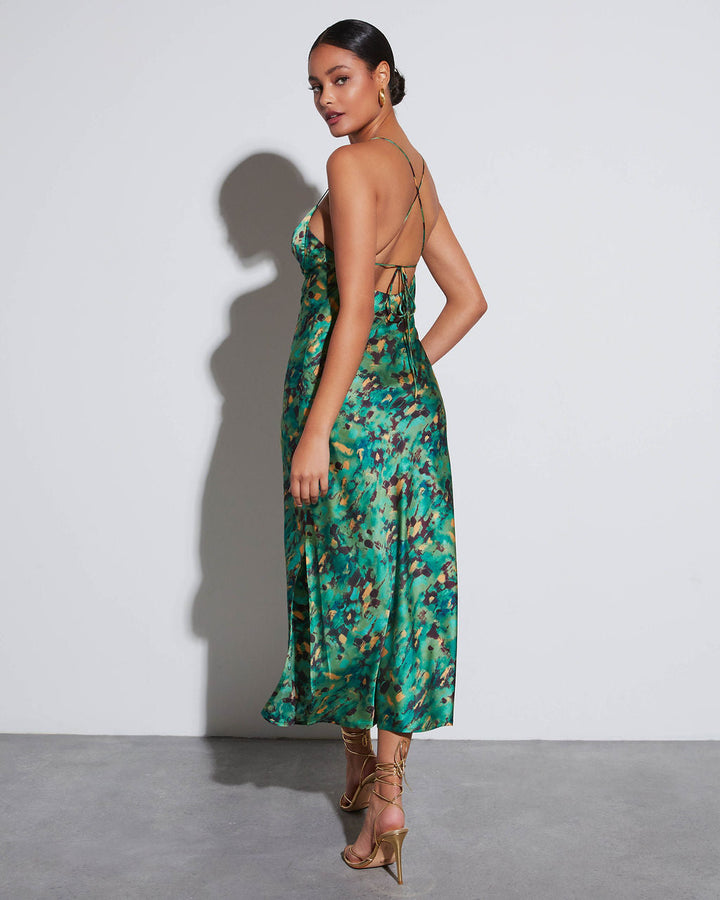 Aiko Baskılı Saten Slip Midi Elbise