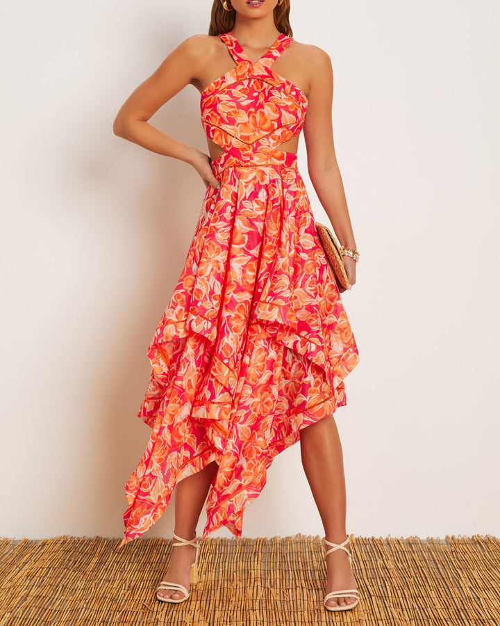 Mariela Boyundan Bağlamalı Asimetrik Midi Elbise