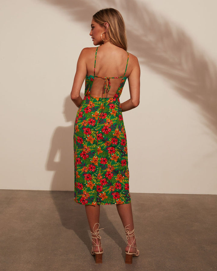 Freya Boyundan Bağlamalı Çiçek Desenli Midi Elbise