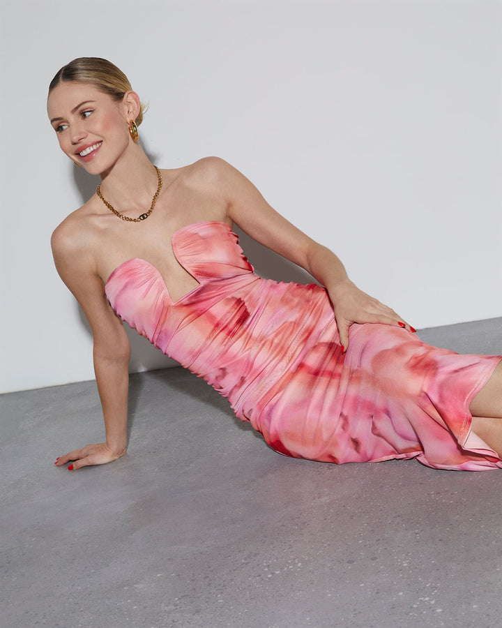 Delora Baskılı File Straplez Midi Elbise