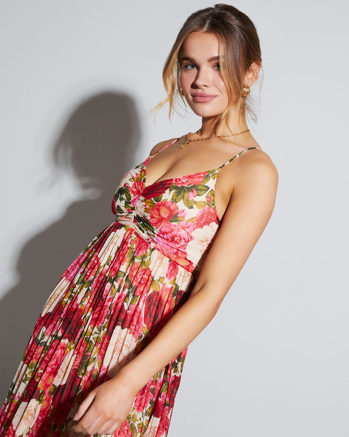 Naomie Çiçekli Pileli Uzun Elbise