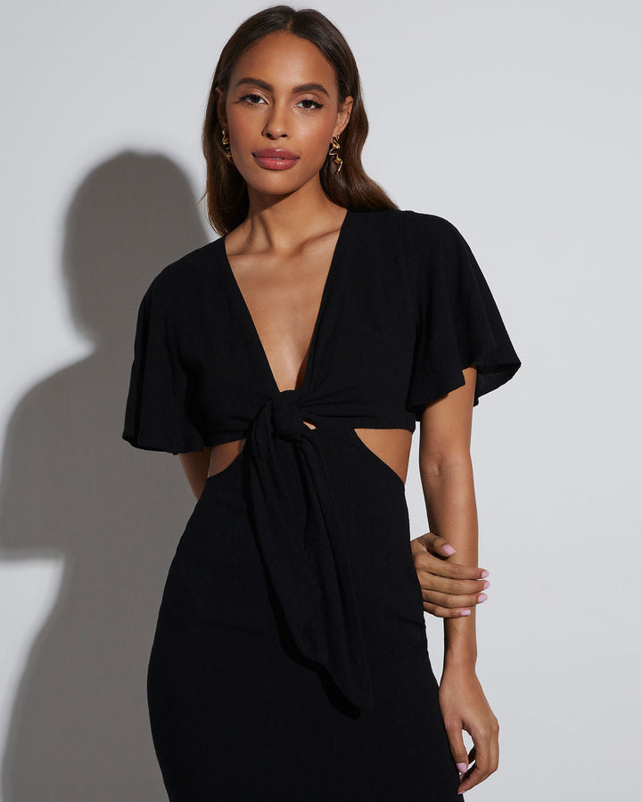 Jenner Keten Karışımı Önden Bağlamalı Midi Elbise