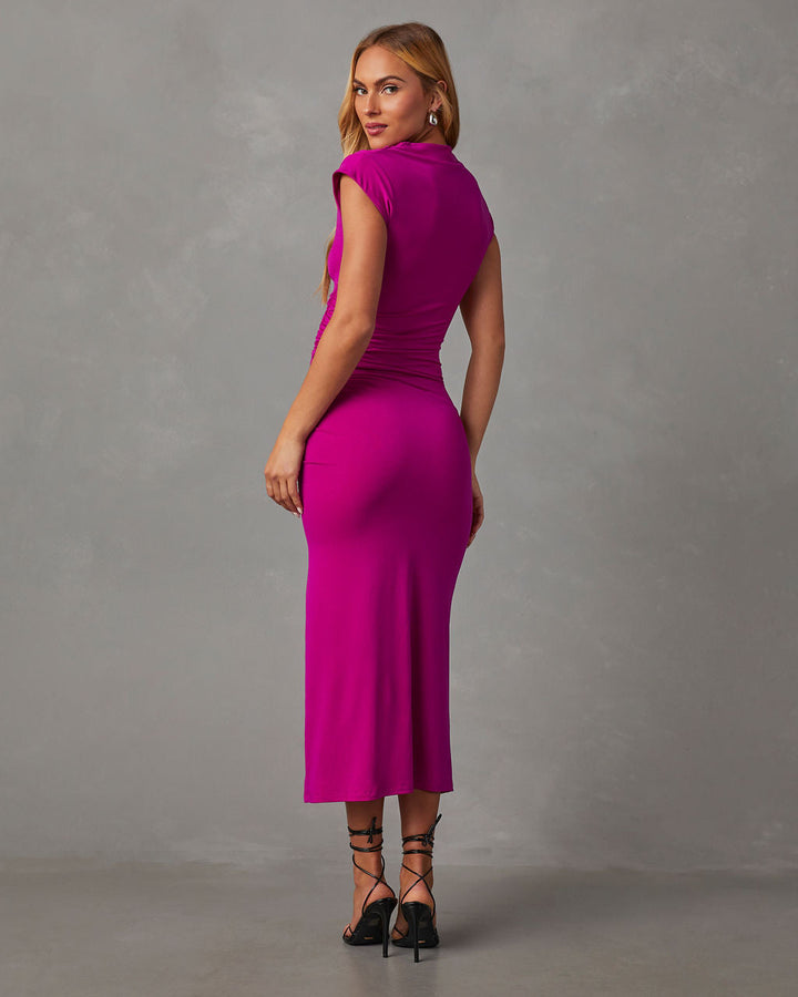 Elisabeth Balıkçı Yaka Yan Yırtmaçlı Dantelli Midi Elbise