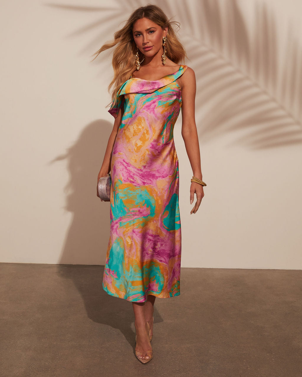 Mallorca Saten Dekolteli Yaka Slip Midi Elbise