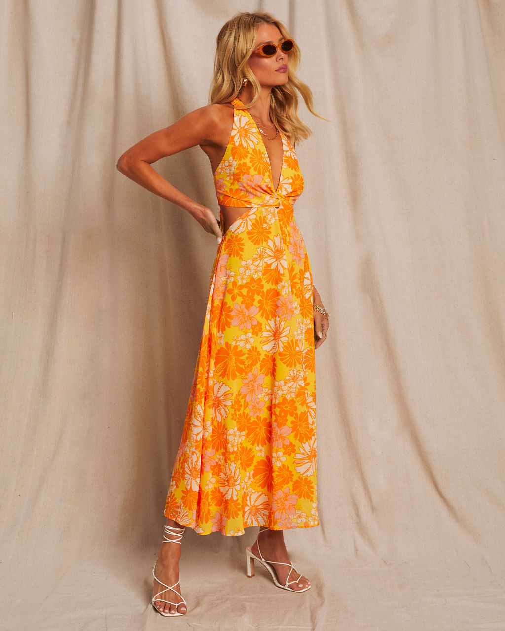 Newport Baskılı Boyundan Bağlamalı Midi Elbise