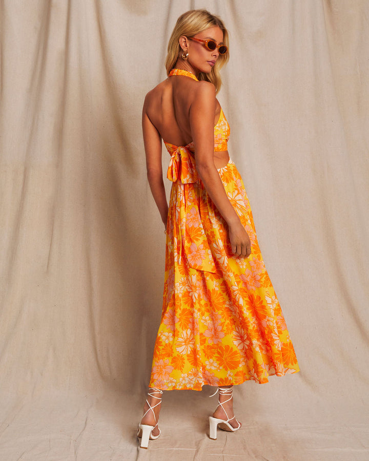 Newport Baskılı Boyundan Bağlamalı Midi Elbise