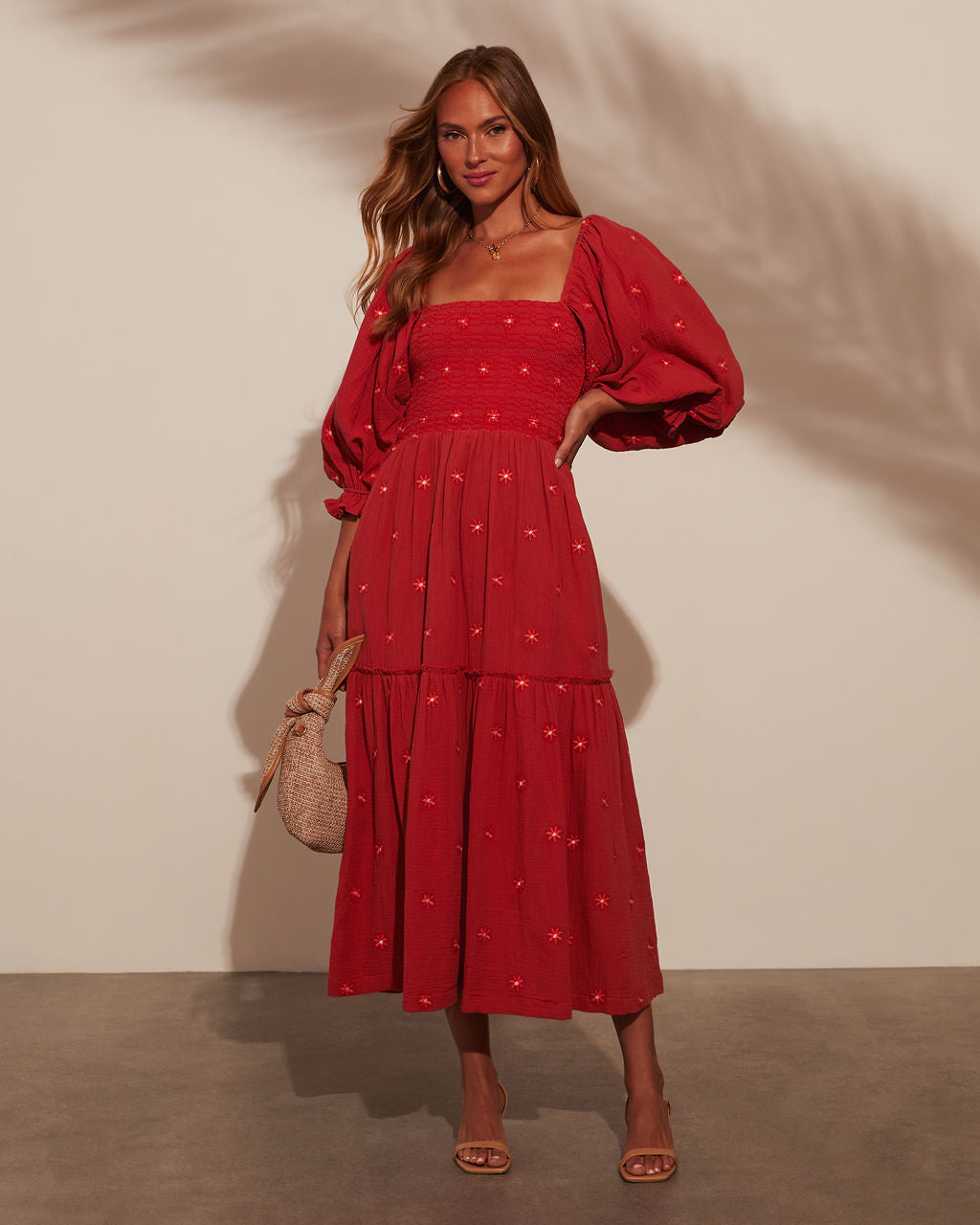 Jemma Büzgülü Puf Kol Katlı Midi Elbise