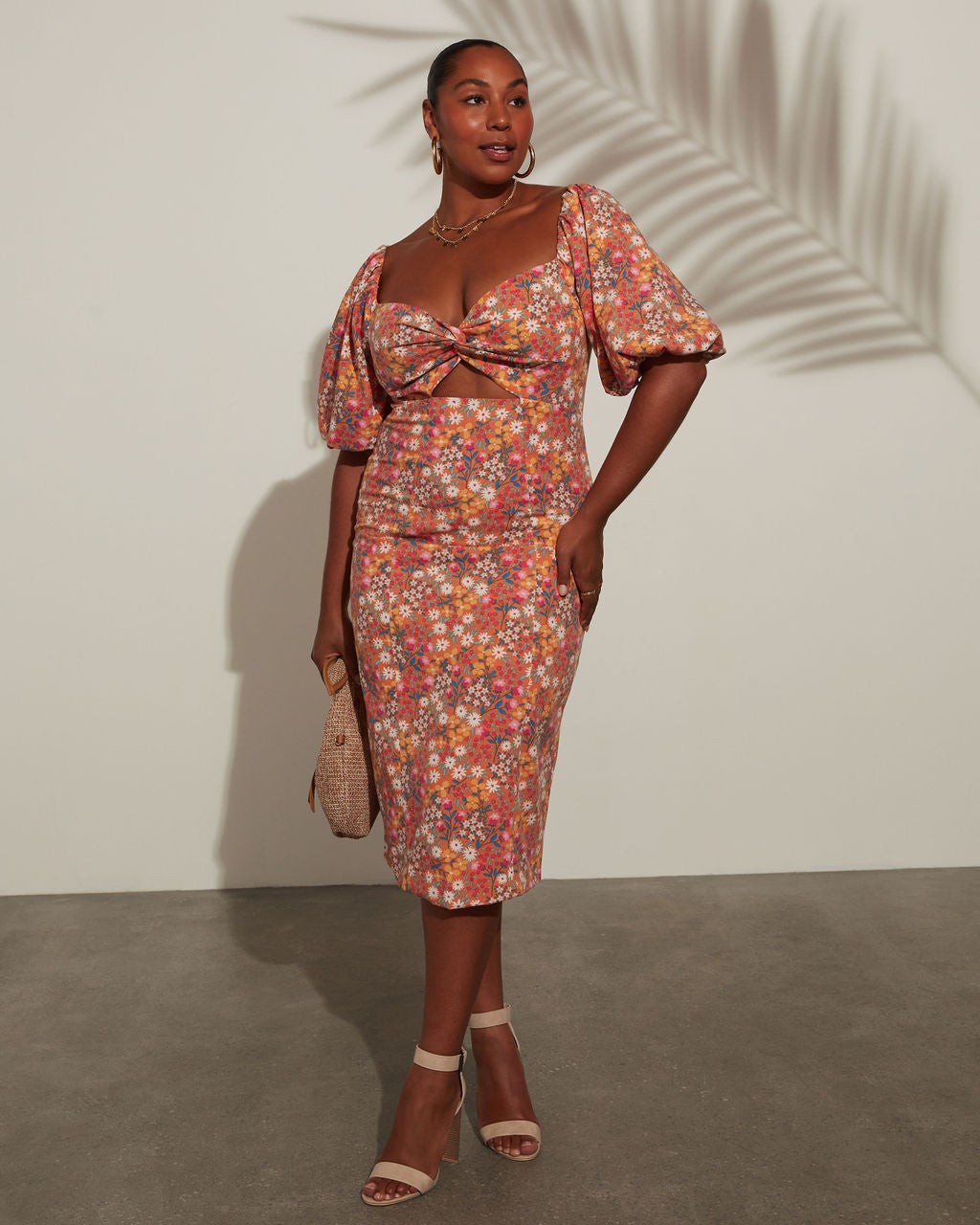 Jasmina Puf Kol Baskılı Midi Elbise