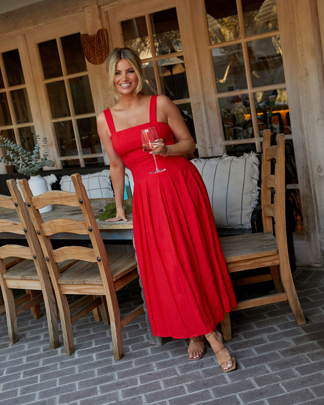 Çayır Pileli Keten Midi Elbise