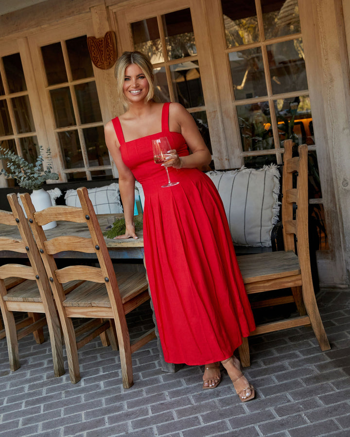 Çayır Pileli Keten Midi Elbise