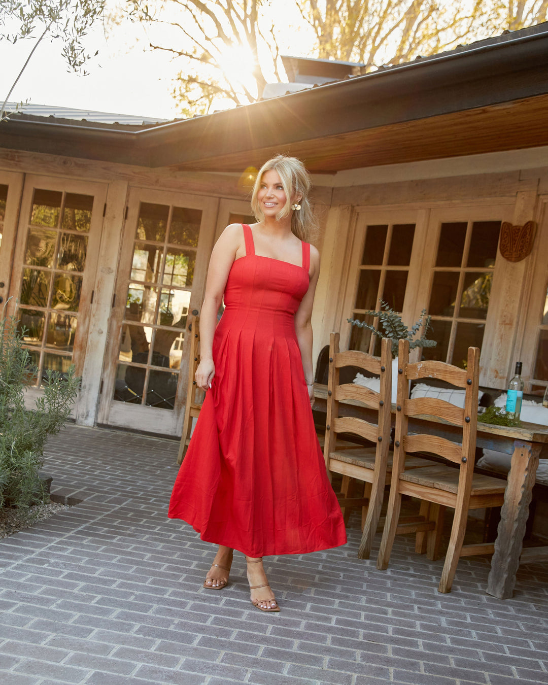 Çayır Pileli Keten Midi Elbise