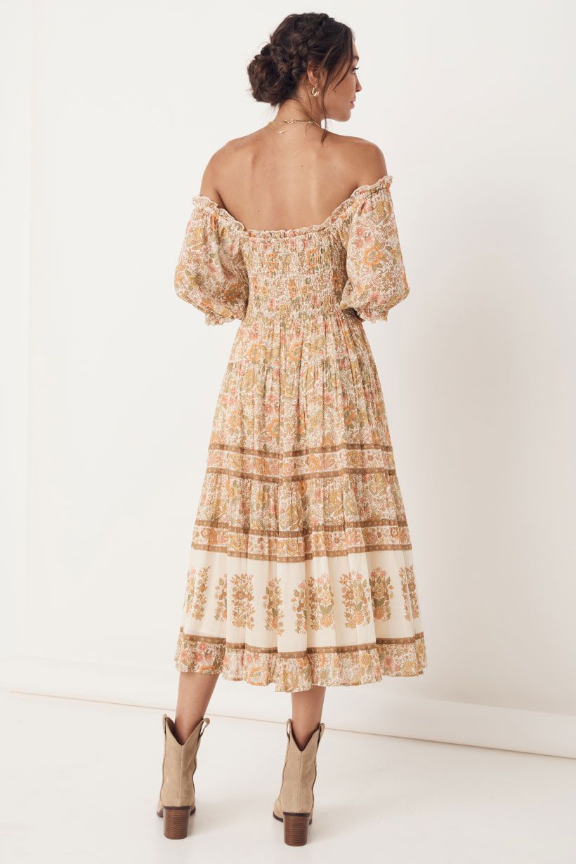 Libby Baskılı Büzgülü Korsajlı Geniş Midi Elbise