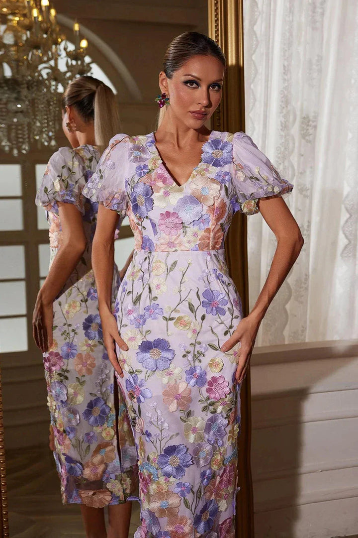 Grayson Çiçek İşlemeli Mor Maxi Elbise