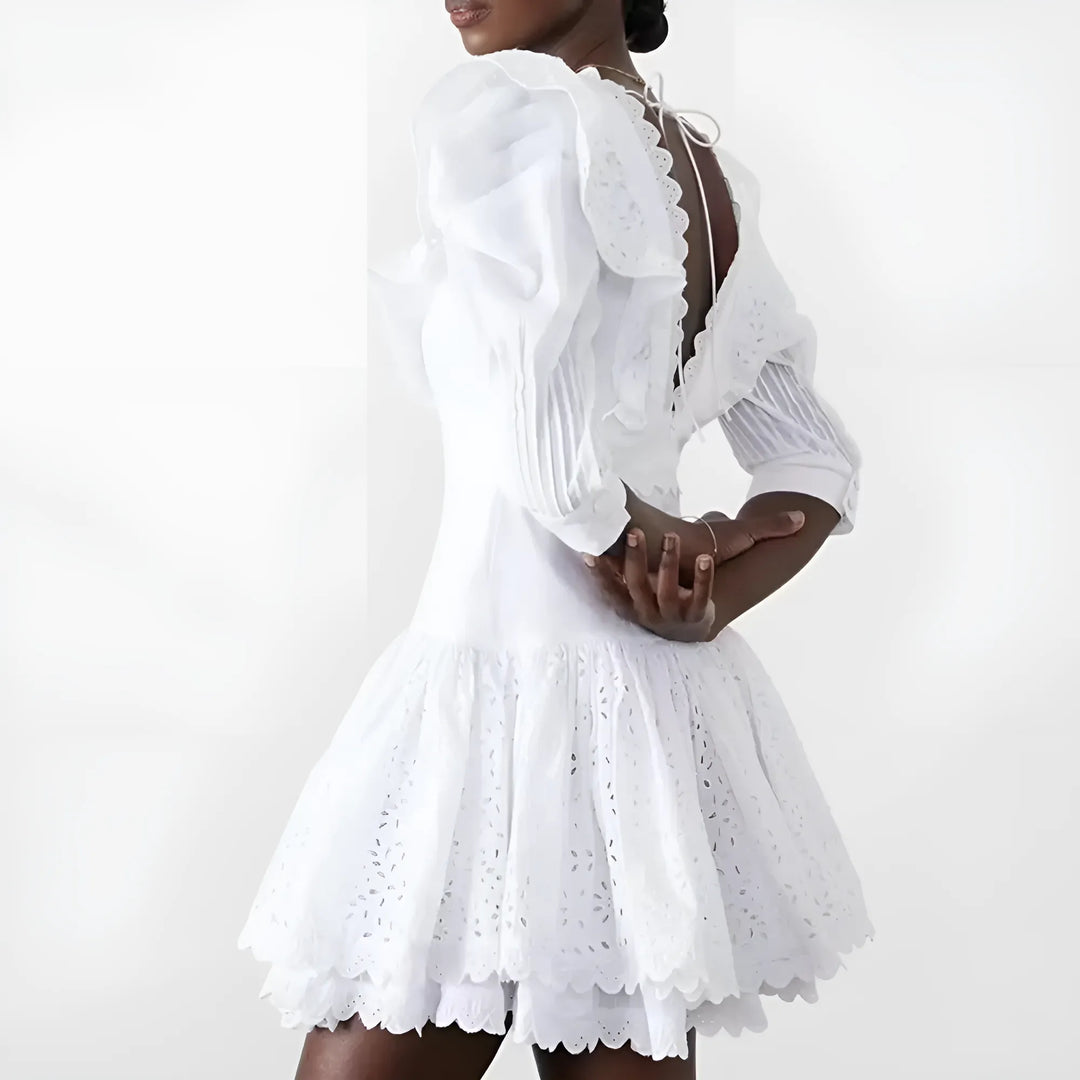 Éloïse Ruffle Derin Yaka Sırtı Açık Mini Elbise