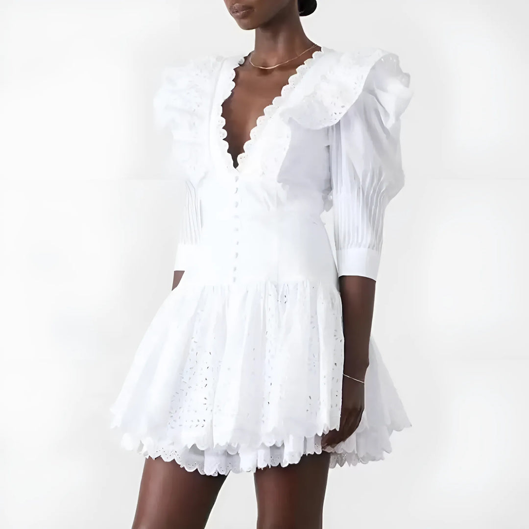 Éloïse Ruffle Derin Yaka Sırtı Açık Mini Elbise