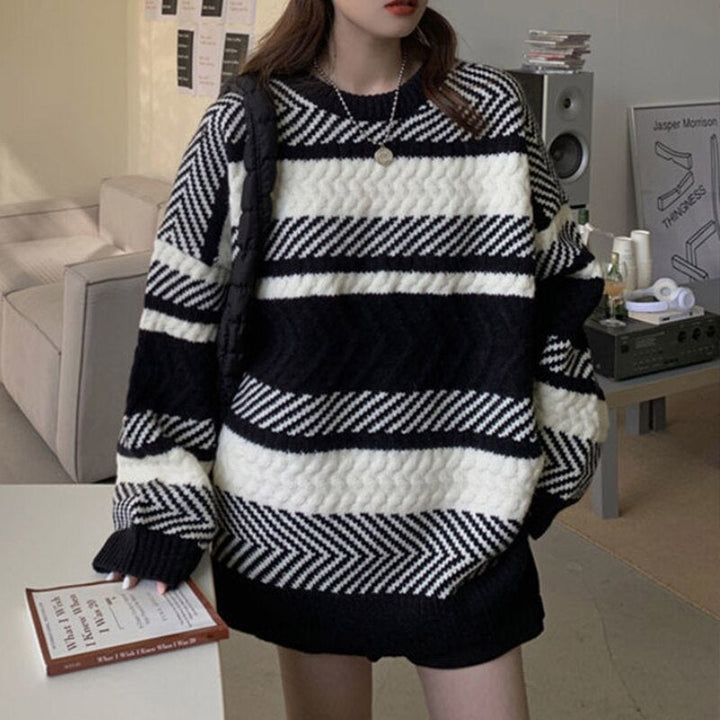 Çizgili Balıksırtı Oversize Triko Kazak