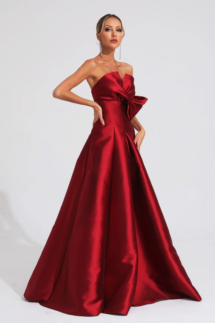 Agnes Kırmızı Fiyonk Düşük Omuz Maxi Elbise
