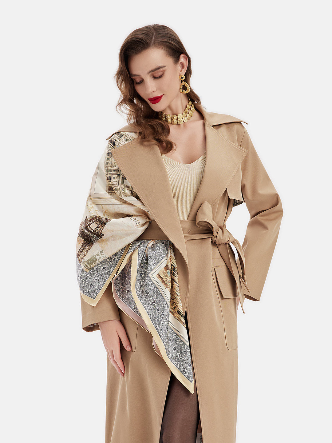 Yün Karışımlı Eşarplı Geniş Yaka Palto