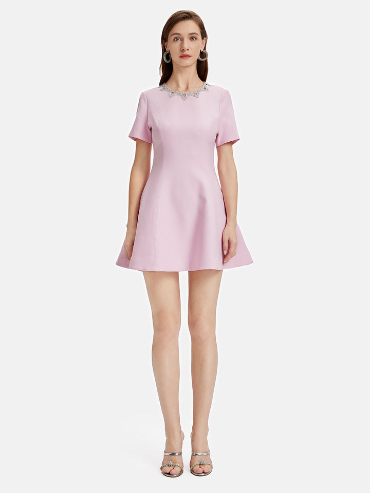 Yakası Taşlı Mini Elbise