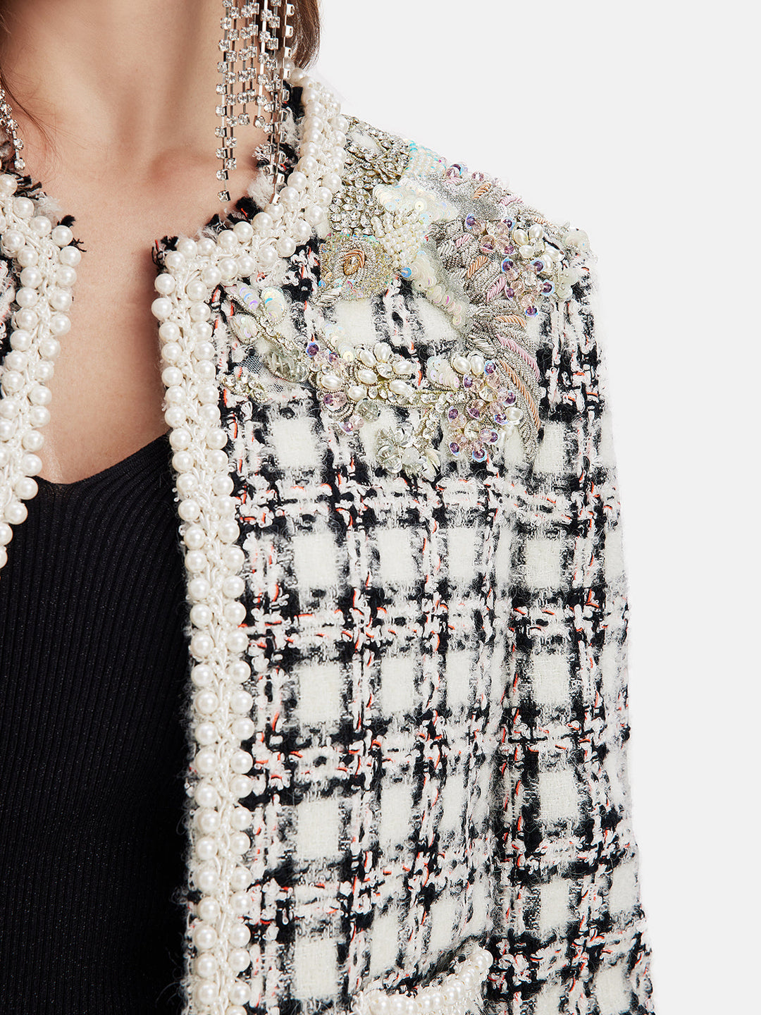 Fransız Yün Karışımlı Boncuklu Ekose Ceket