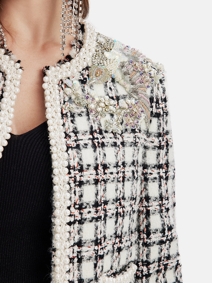 Fransız Yün Karışımlı Boncuklu Ekose Ceket