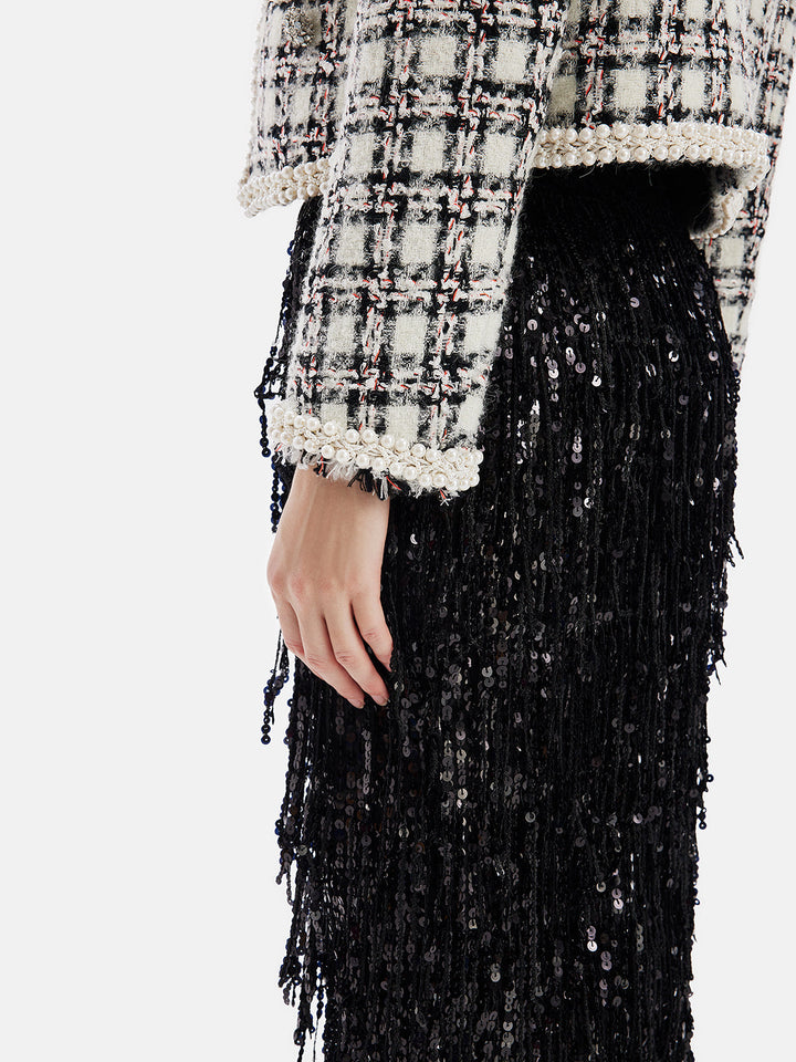 Fransız Yün Karışımlı Boncuklu Ekose Ceket