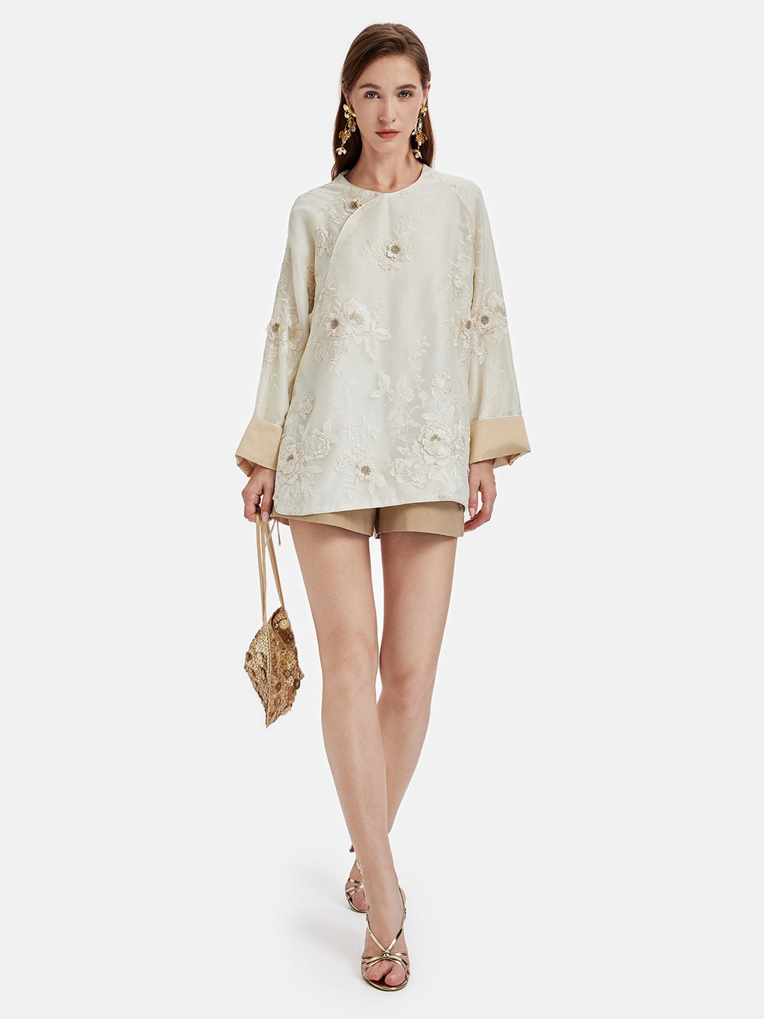 Yeni Çin Tarzı Çiçek İşlemeli Bluz