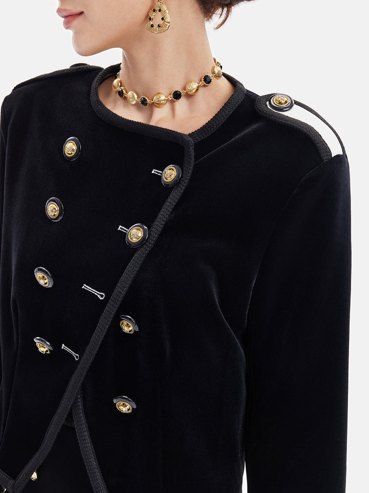 Retro Kadife Kruvaze Asimetrik Kısa Ceket