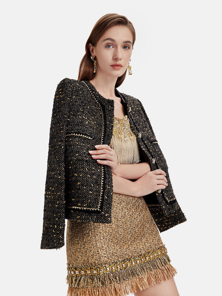 Altın İplik Deri Zincirli Trim Ceket