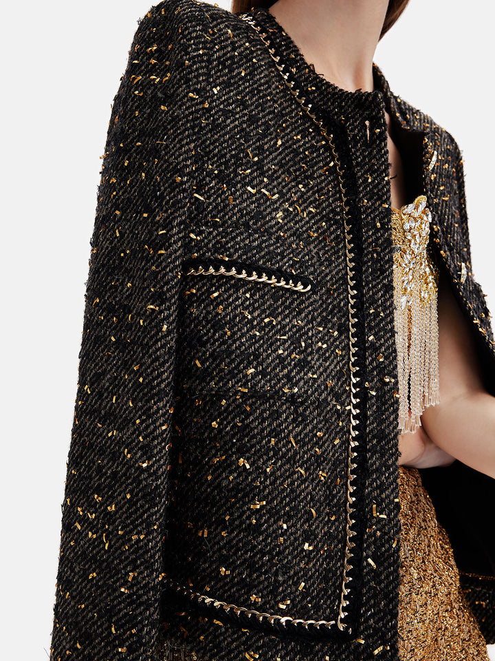 Altın İplik Deri Zincirli Trim Ceket