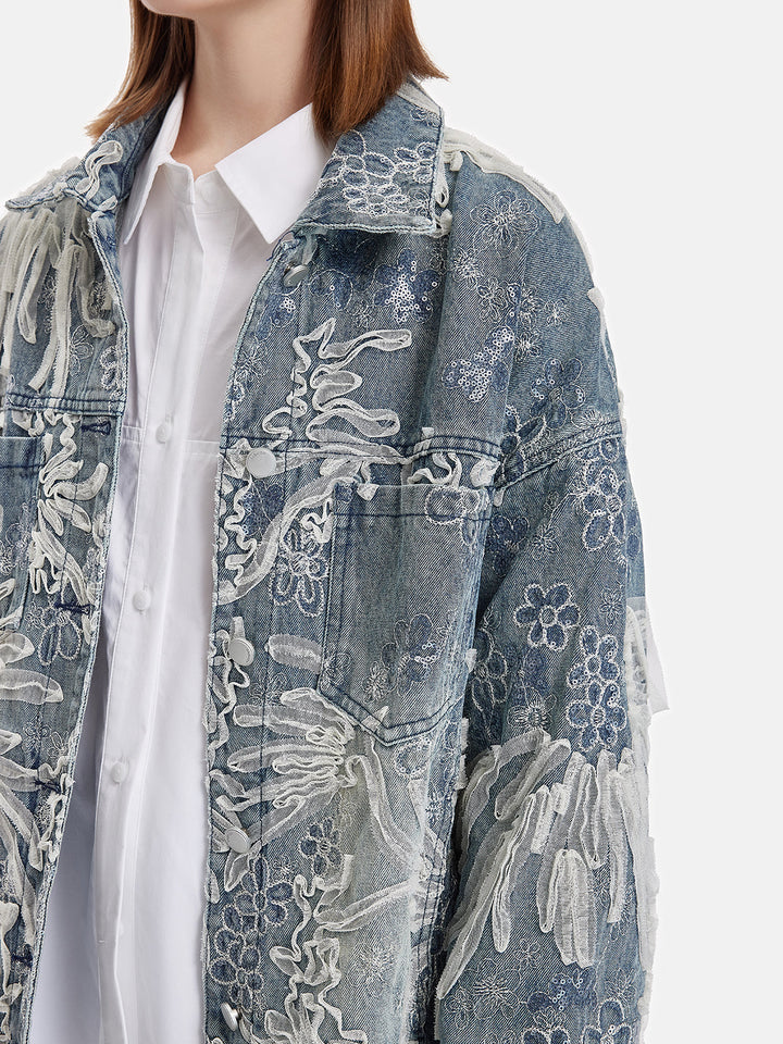 İşlemeli Dantel Boncuklu Denim Ceket
