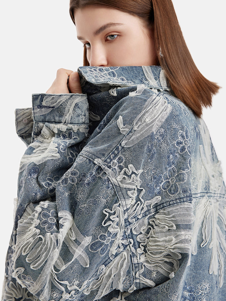 İşlemeli Dantel Boncuklu Denim Ceket