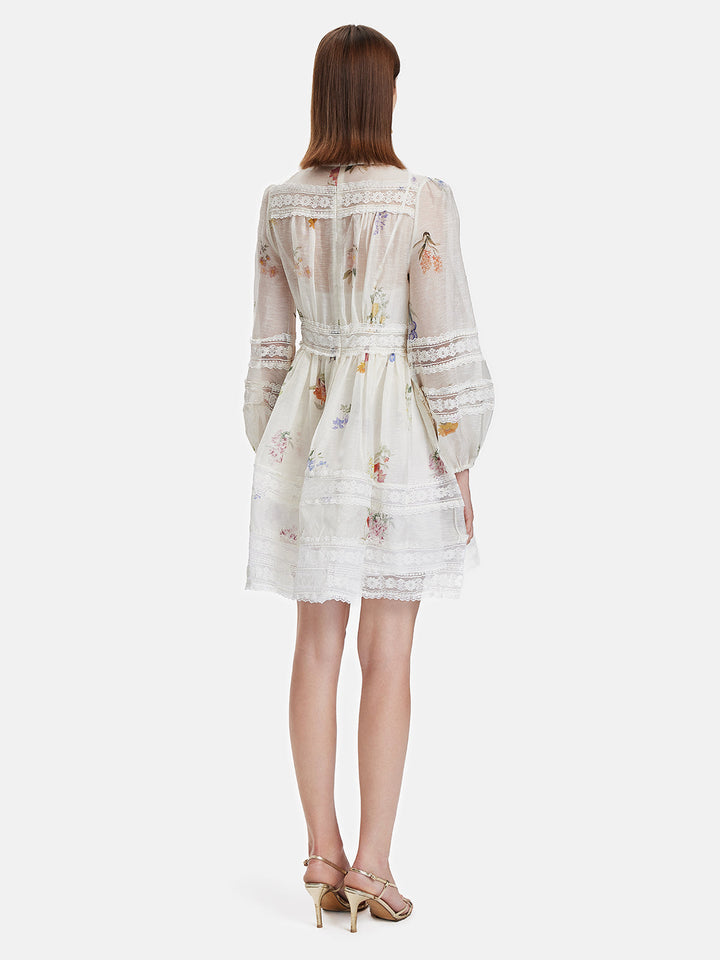 Çiçek Baskılı Dantel Detaylı Mini Elbise