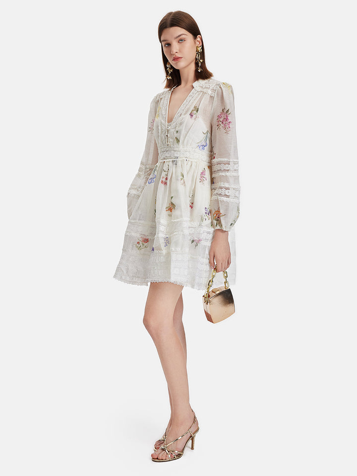 Çiçek Baskılı Dantel Detaylı Mini Elbise
