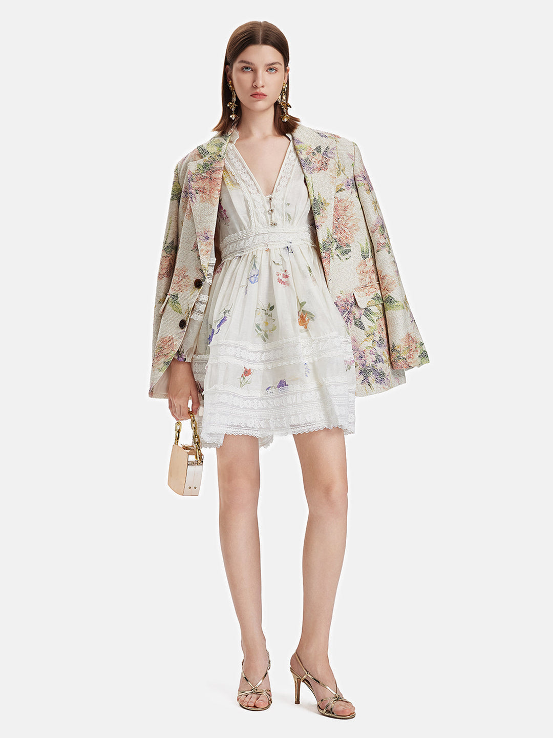 Çiçek Baskılı Dantel Detaylı Mini Elbise