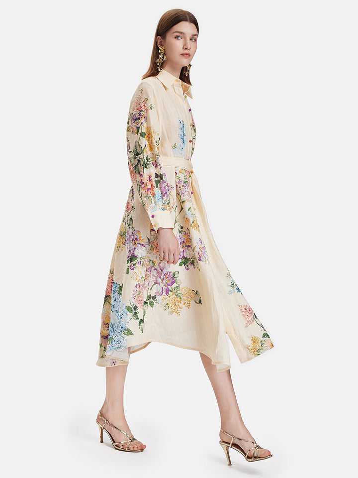 Çiçekli Keten Gömlek Elbise