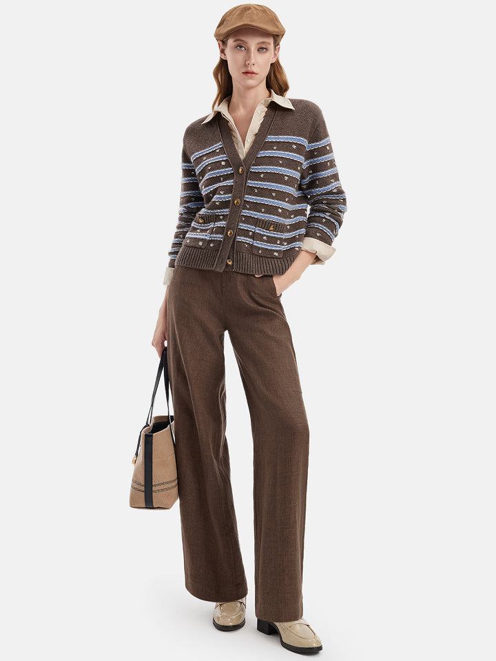 El Tığ İşi Çizgili Yün Hırka